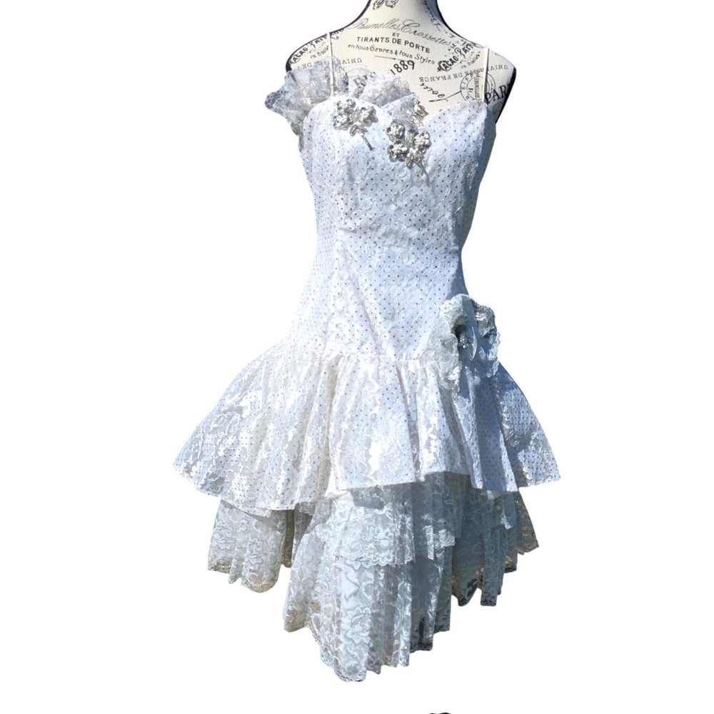 Loralie Vintage 80s White Lace Silver Gold Polka Dot Tiered Prom Dress Size 12